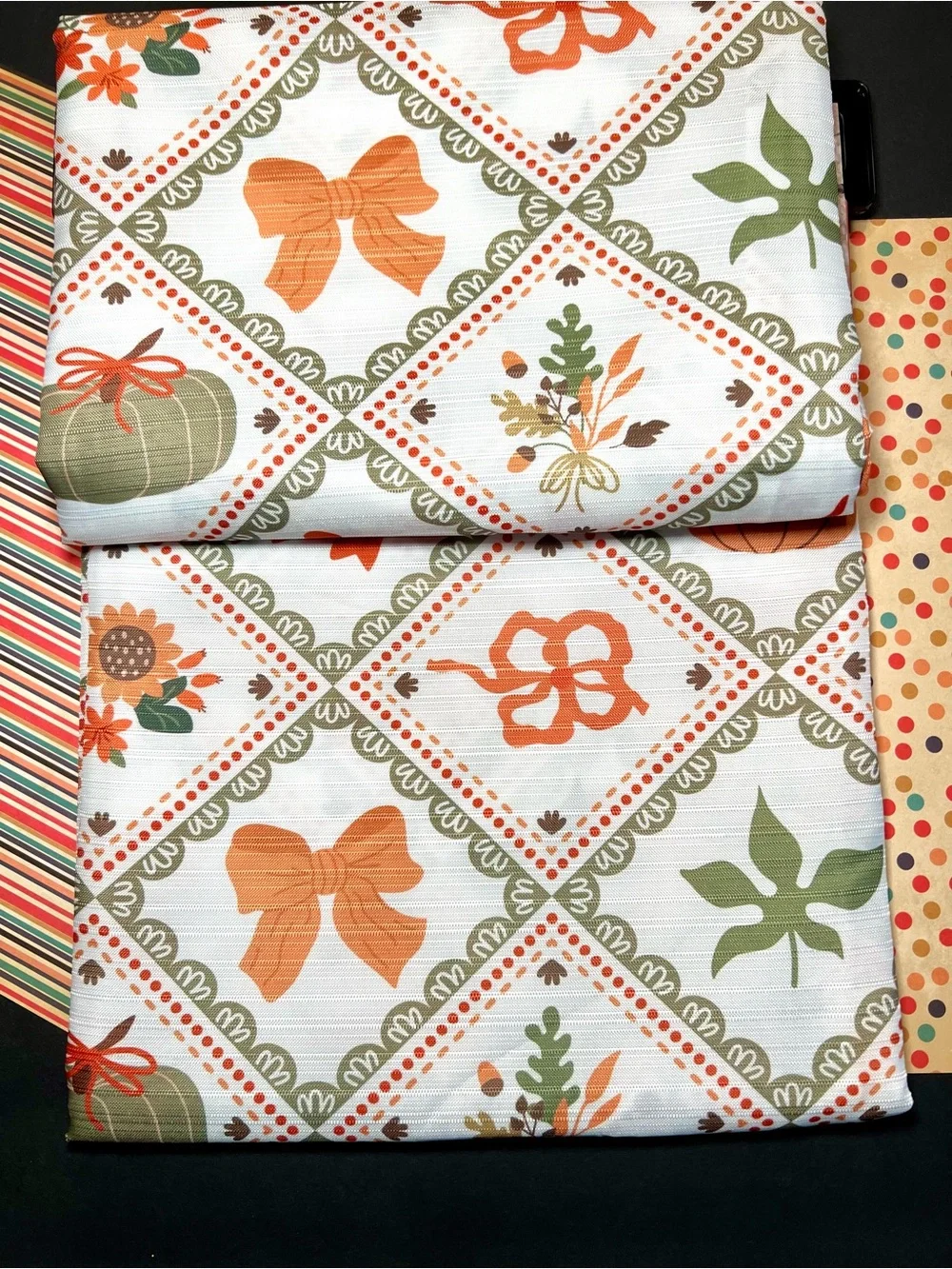 Autumn Patchwork Harvest Fabric Shower Curtain Pumpkin Ribbon Bows Leaves Flower